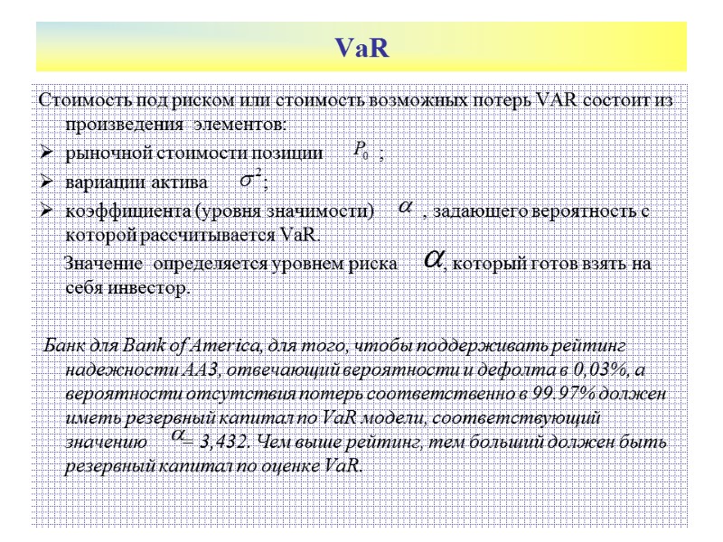 VaR Стоимость под риском или стоимость возможных потерь VAR состоит из произведения  элементов: